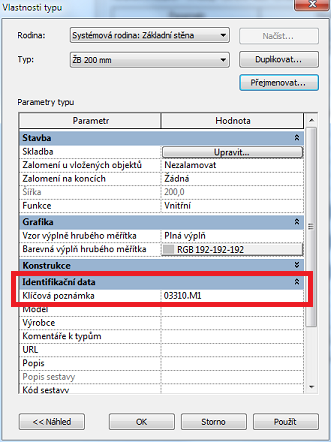 Klíčové poznámky prvku se definují ve vlastnostech typu – oddíl Identifikační data. Případná změna poznámky se projeví u všech instancí daného typu v projektu.