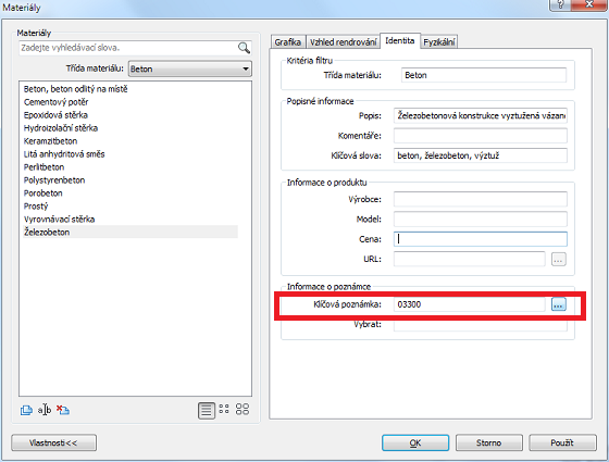 Hodnota klíčové poznámky pro materiály se definuje v nabídce Nastavení materiálů – karta Identita.