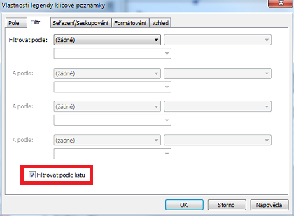 Vlastnosti klíčové poznámky: Volba filtrovat podle listu zobrazí řádky pouze na výkrese použitých poznámek.